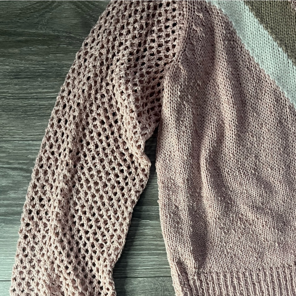 Show Me Your Mumu Pink Brown Knit Crochet Bubbly Sleeve V Neck Sweater Size S - Picture 3 of 8